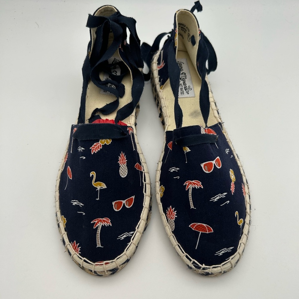 Laura Marana Not Rated Espadrilles, Blue Beach Scene, Straps Size 8.5*